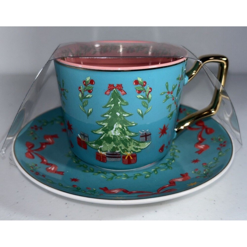 Monterey Bay Fine Porcelain Christmas Tree Teacup Saucer Set Teal Pink Gold NEW